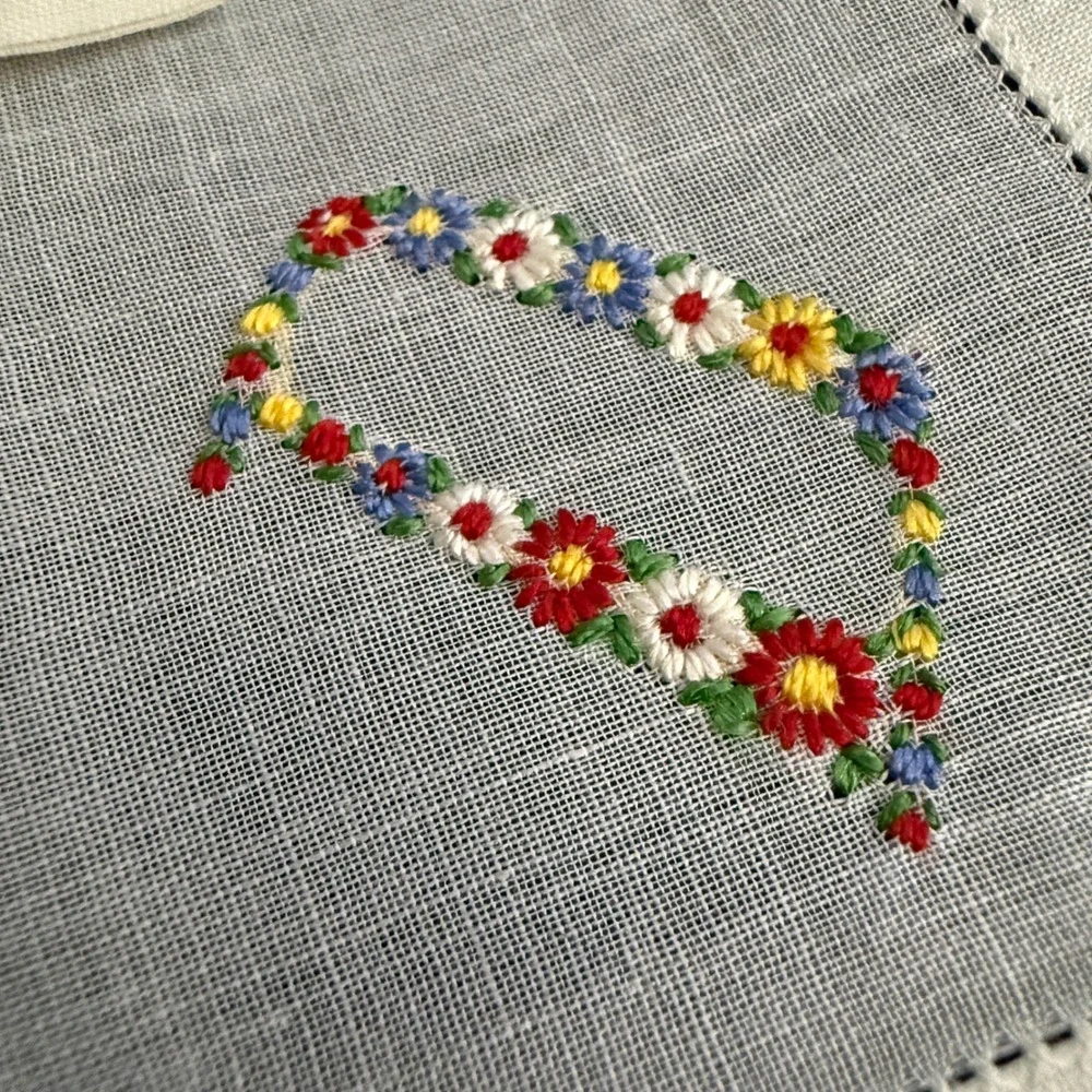 Vintage Herrmann‎ Handkerchiefs Embroidered Floral Monogram White Linen Set of 4